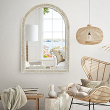 Load image into Gallery viewer, White Arched Wood Wall Mirror with Woven Decoration