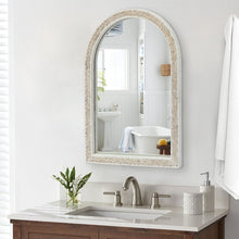 Load image into Gallery viewer, White Arched Wood Wall Mirror with Woven Decoration