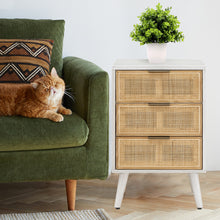 Load image into Gallery viewer, HAWOO Mid-Century Light Oak Finished Rattan 3-Drawer Nightstand