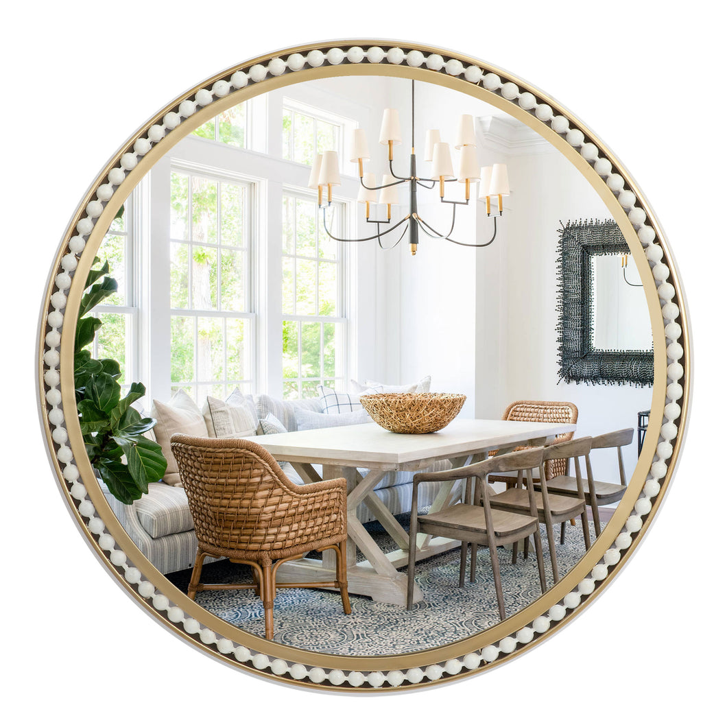 Round Metal Decorative Wall Mirror with White Beaded