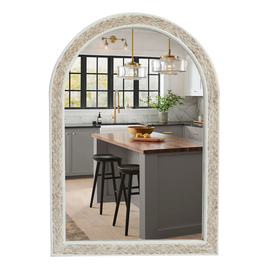 White Arched Wood Wall Mirror with Woven Decoration