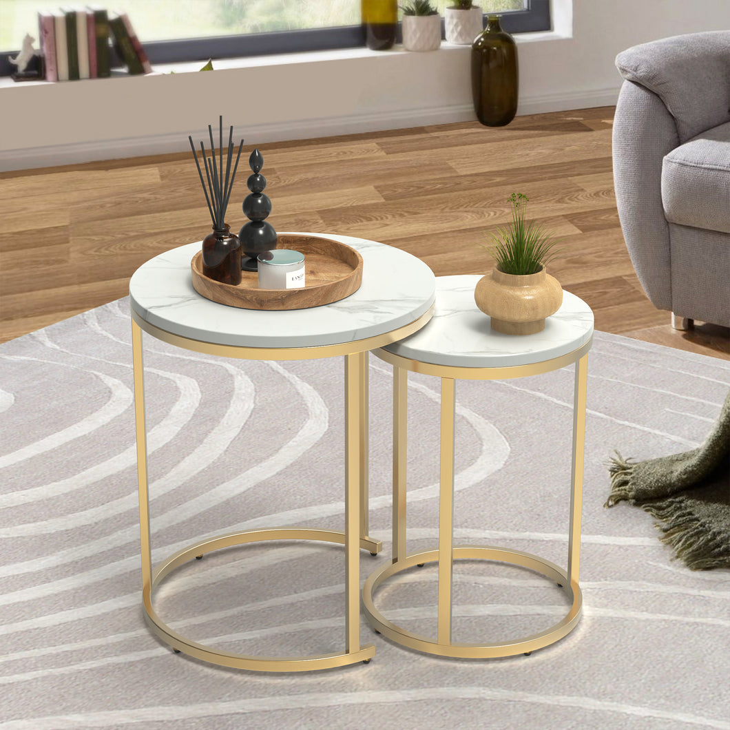 Modern Round White Faux Marble Top Nesting Table