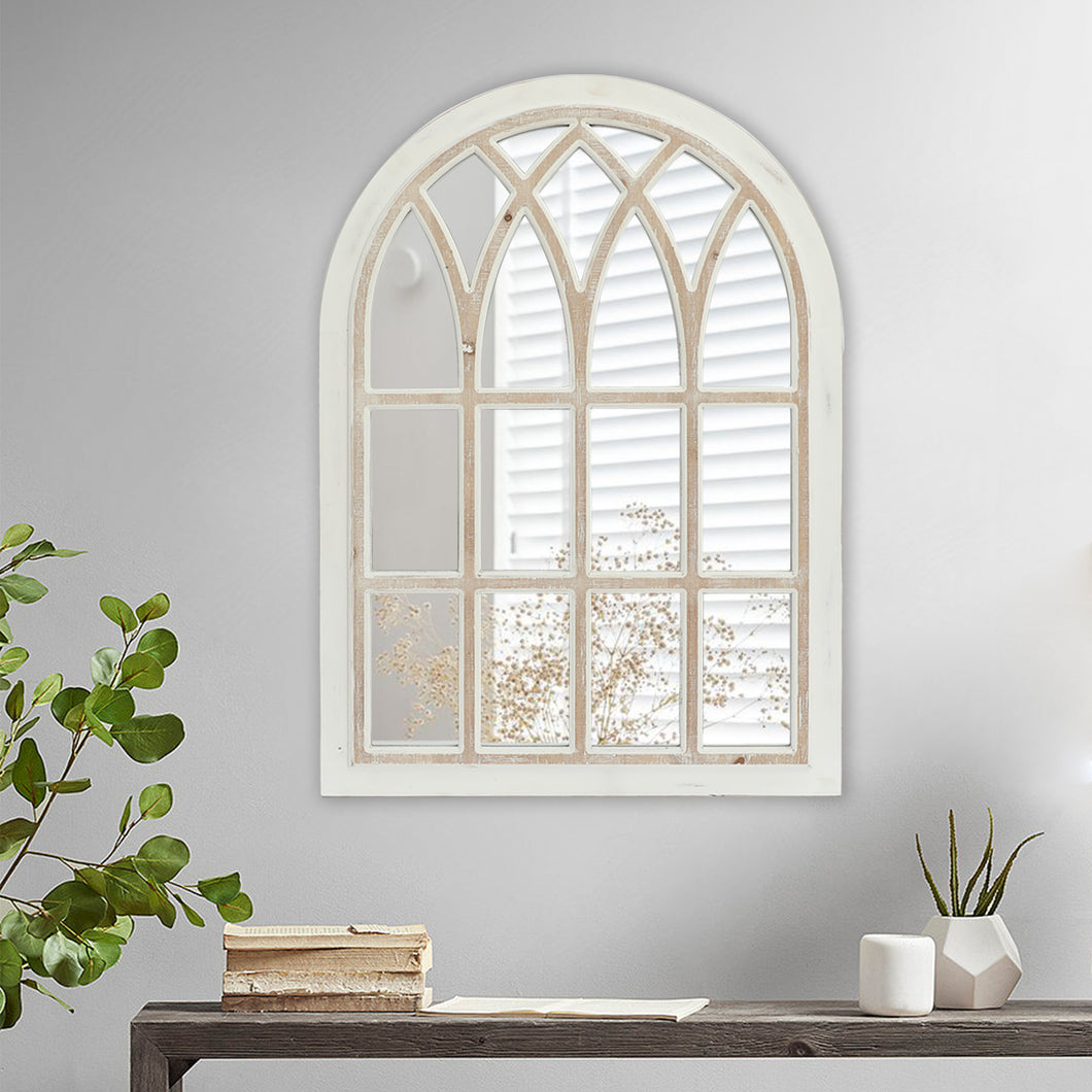 Farmhouse Wash White Arched Windowpane Wall Mirror