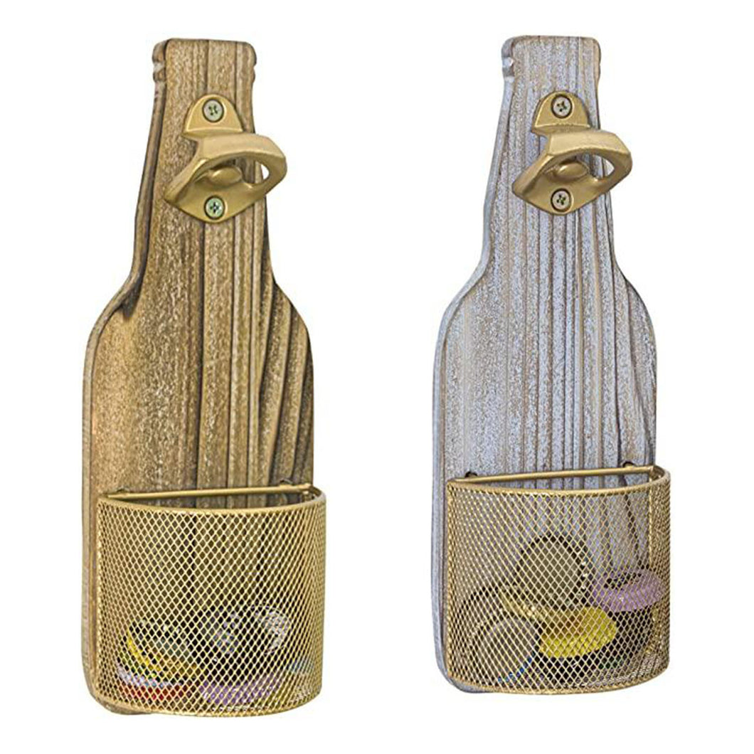 2PCS Vintage Wooden Beer Bottle Opener Wall Mounted with Cap Catcher