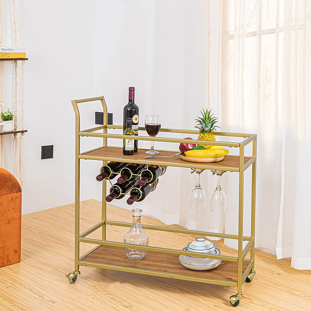 Gold Bar Cart for Home with 2 Shelves