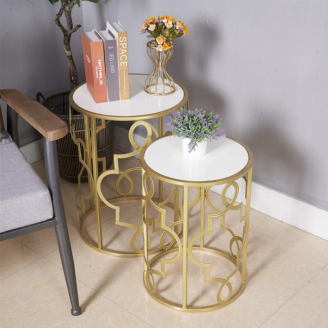 Gold & White Set of 2 Round Small Nesting Side End Coffee Tables